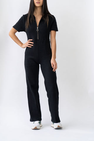 Ribbed Polo Jumpsuit Jet Black