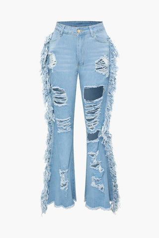 Ripped Frayed Flared Leg Jeans (XL / LIGHT WASH BLUE)