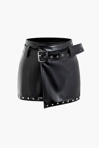 Rivet Faux Leather Wrap Mini Skirt With Belt (M / BLACK)