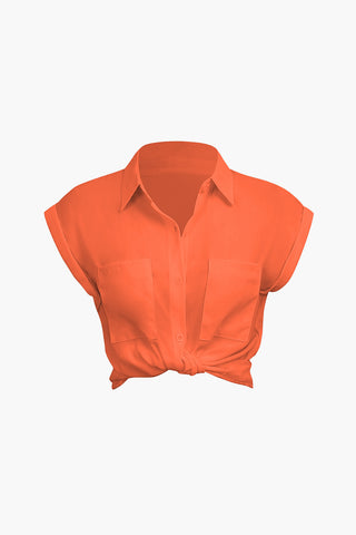 Rolled Cuff Knotted Hem Shirt (S / ORANGE)