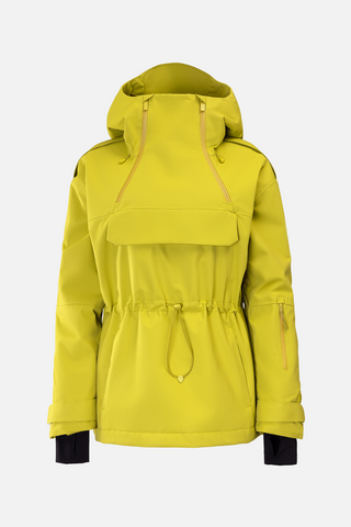 a woman wearing a yellow jacket with a hoodie