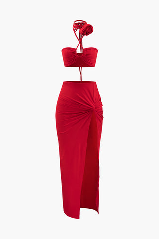 Rose Halter Top And Twist Slit Skirt Set (XL / RED)