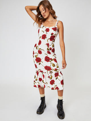 Rose Shirred Ruffle Mermaid Midi Dress (L / Multicolor)