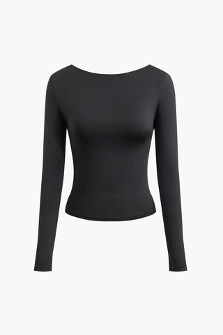 Round Neck Backless Long Sleeve Crop Top (L / BLACK)