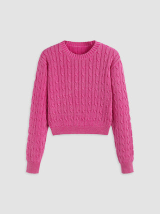 Round Neck Cable Knitted Crop Long Sleeve Sweater