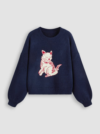 Round Neck Cat Graphic Knitted Long Sleeve Top