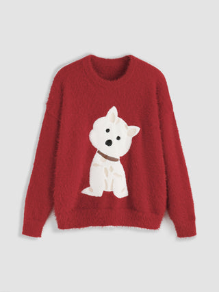 Round Neck Fuzzy Puppy Knit Long Sleeve Sweater