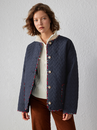 Round Neck Geometric Pocket Puffer Quilted Jacket