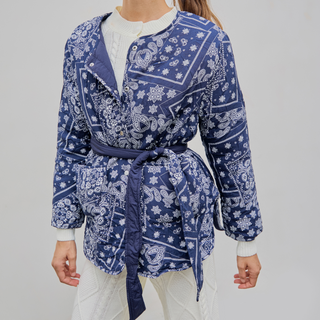 Round Neck Paisley Belted Reversible Puffer Jacket