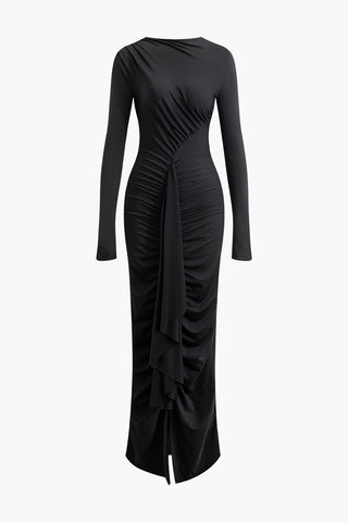 Round Neck Ruched Slit Long Sleeve Maxi Dress (S / BLACK)