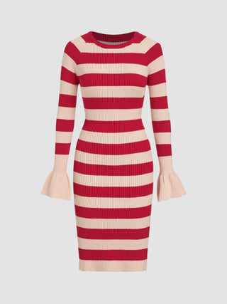 Round Neck Ruffle Hem Stripe Knitted Midi Dress