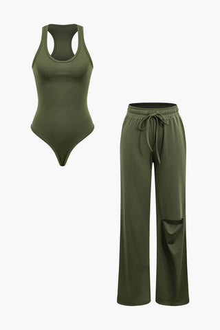 Round Neck Sleeveless Bodysuit And Ripped Drawstring Straight Leg Pants Set (M / MILITARY)