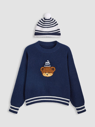 Round Neck Stripe Bear Knitted Long Sleeve Top & Hat Curve & Plus