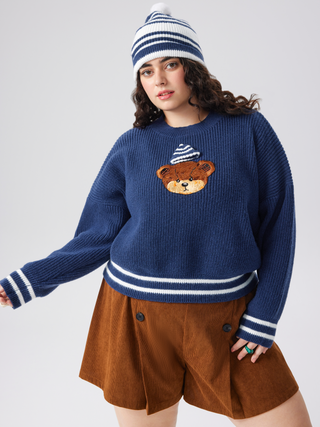 Round Neck Stripe Bear Knitted Long Sleeve Top & Hat Curve & Plus