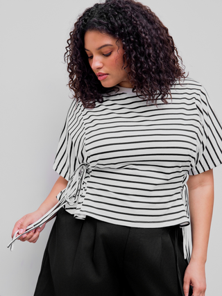 Round Neck Stripe Drawstring Short Sleeve Tee Curve & Plus