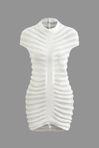 Round Neck Stripe Knit Short Sleeve Midi Dress (M / WHITE)