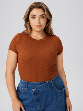 Round Neck Texture Solid Bodysuit Curve & Plus