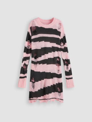 Round Neck Zebra Stripe Ripped Knitted Mini Dress