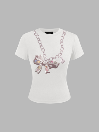 Round Neckline Bowknot Chain Graphic Short Sleeve Tee