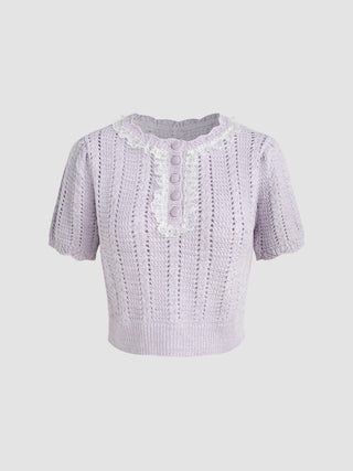 Round Neckline Button Knitted Short Sleeve Top (XS / Purple)