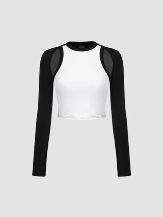 Round Neckline Contrast Color Cut Out Long Sleeve Crop Top