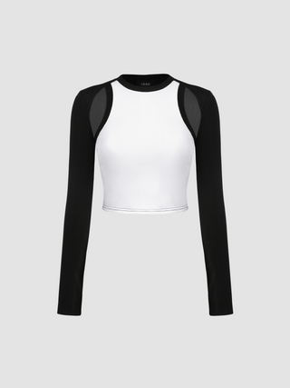 Round Neckline Contrast Color Cut Out Long Sleeve Crop Top