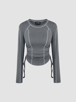 Round Neckline Contrasting Binding Drawstring Long Sleeve Top