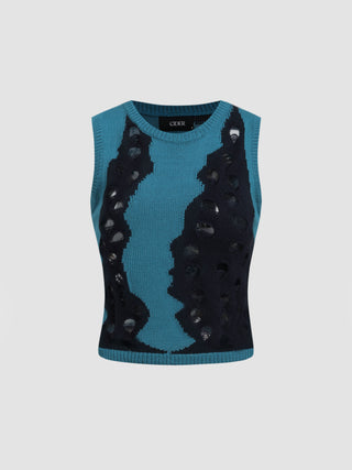 Round Neckline Conversational Marble Hollow Out Knitted Crop Vest