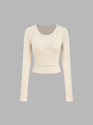 Round Neckline Fake Two Piece Knitted Long Sleeve Crop Top