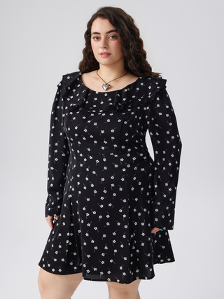 Round Neckline Floral Mini Dress Curve & Plus (2XL / Black)