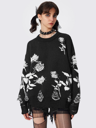 Round Neckline Floral Ripped Knitted Long Sleeve Top