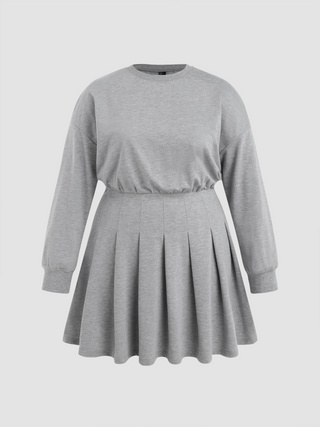 Round Neckline Long Sleeve Pleated Mini Dress Curve & Plus (0XL / Grey)