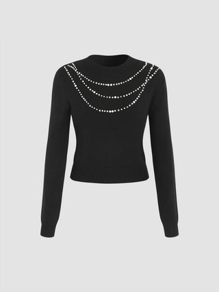 Round Neckline Rhinestone Faux Pearl Knitted Long Sleeve Crop Top