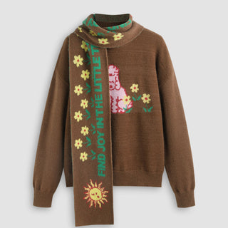 Round Neckline Sheep Flower Knitted Sweater With Scarf