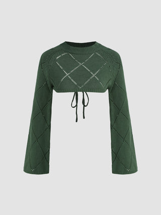 Round Neckline Solid Argyle Knitted Long Sleeve Top