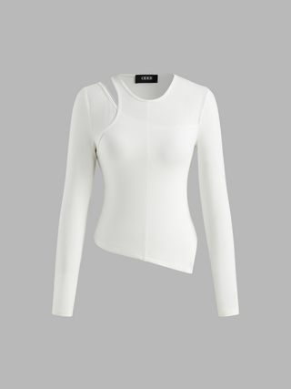 Round Neckline Solid Asymmetrical Long Sleeve Top