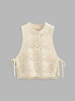 Round Neckline Solid Hollow Out Knitted Crop Vest