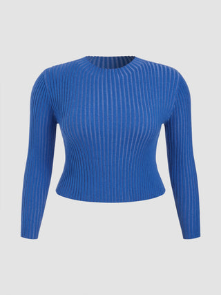 Round Neckline Solid Knitted Long Sleeve Top Curve & Plus