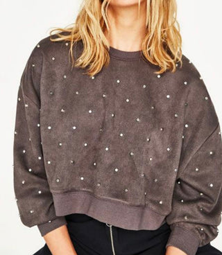 Round Neckline Solid Rhinestone Sweatshirt