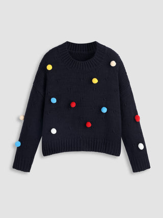 Round Neckline Solid Sweater With Colouful Pom-poms Curve & Plus