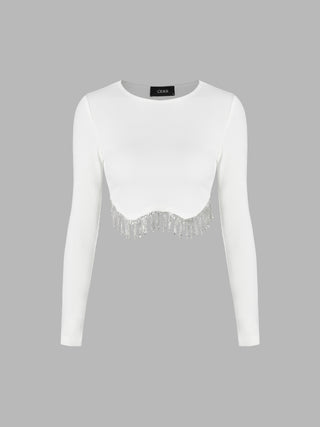 Round Neckline Solid Tassel Long Sleeve Crop Tee (XL / White)