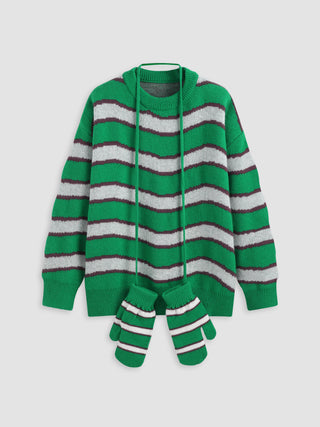 Round Neckline Stripe Knitted Sweater With Gloves