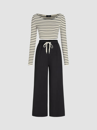 Round Neckline Stripe Long Sleeve Top & Elastic Waist Drawstring Trousers Matching Set