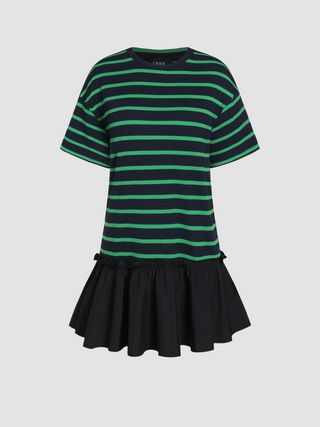 Round Neckline Striped Pleated Mini Dress