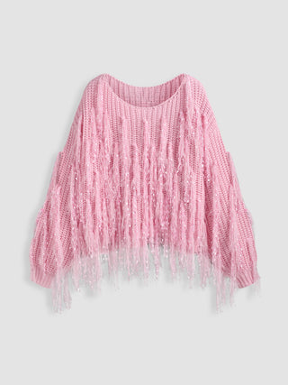 Round Neckline Tassel Knitted Crop Sweater