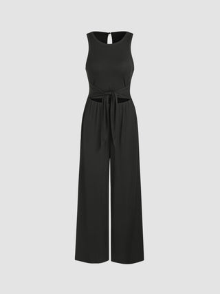 Round Neckline Tie Front Cut Out Jumpsuit