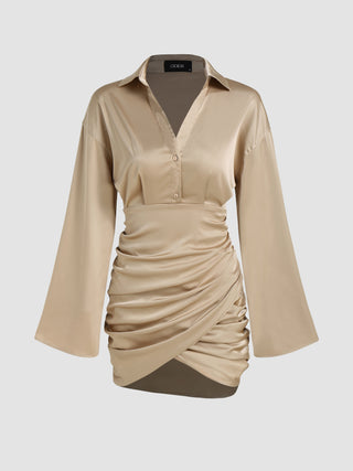 Ruched Bell Sleeve Collar Dress (M / Camel)