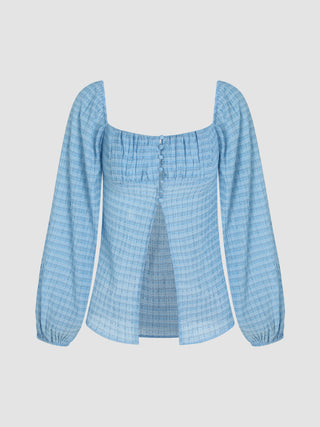 Ruched Check Long Sleeve Blouse (L / Blue)