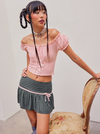 Ruched Lace Up Off-shoulder Crop Top (XL / Pink)