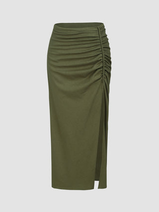 Ruched Solid Split Skirt